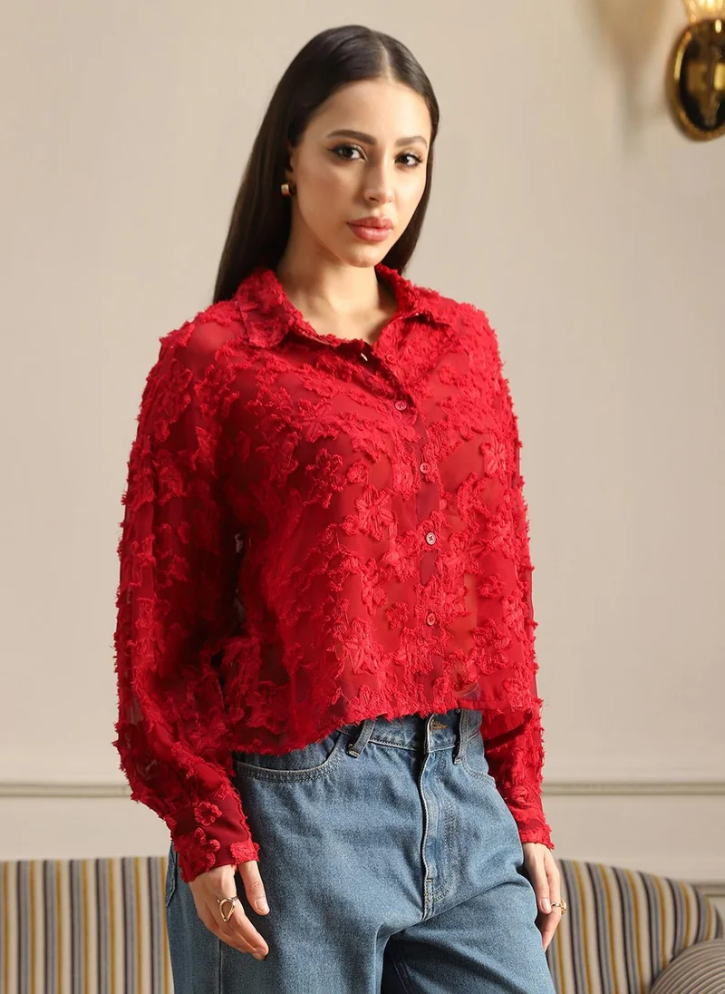 جلو باص بلوزة نسائية من جلوبس بياقة، أكمام بأساور، بتصميم زهور من الجورجيت